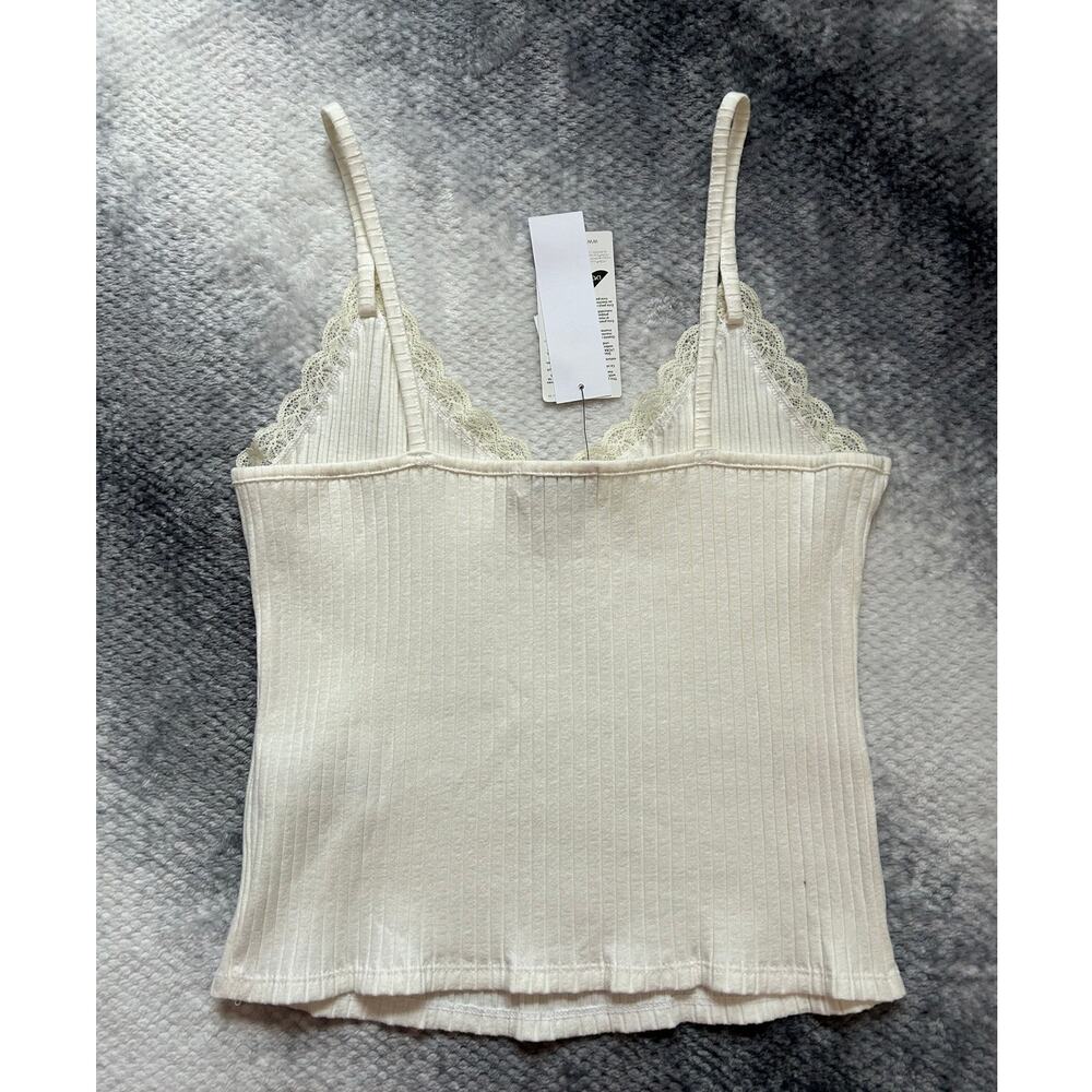 Topshop Lace Trim V Neck White Crop Cami Ribbed Top Size 12 Large Romantic NWT - Picture 4 of 9